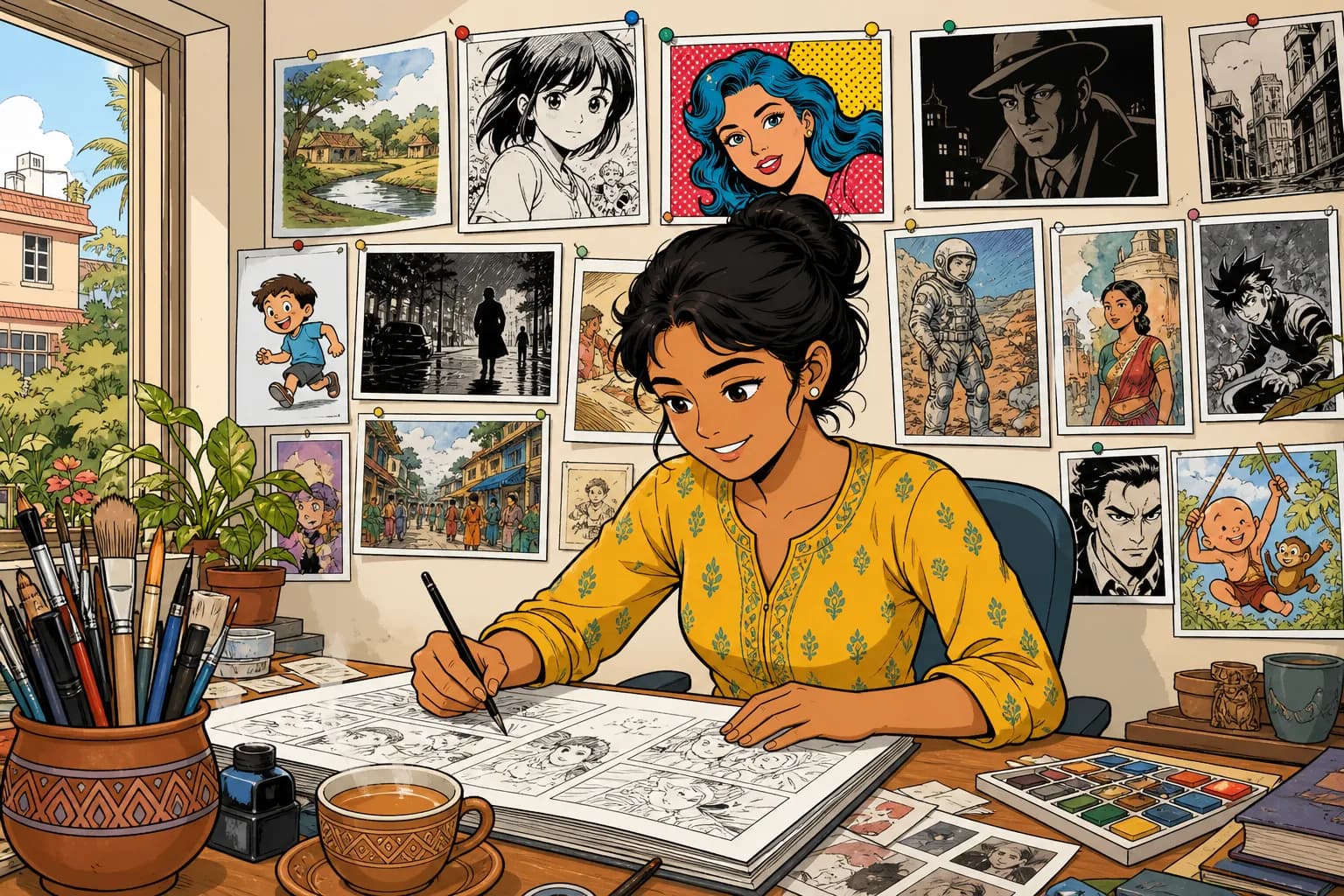 A young woman at a sunny drawing desk, smiling as she sketches, with a wall behind her covered in pinned-up comic panels drawn in many different art styles: manga, pop art, noir, watercolour, cartoon. A cup of chai and brushes beside her