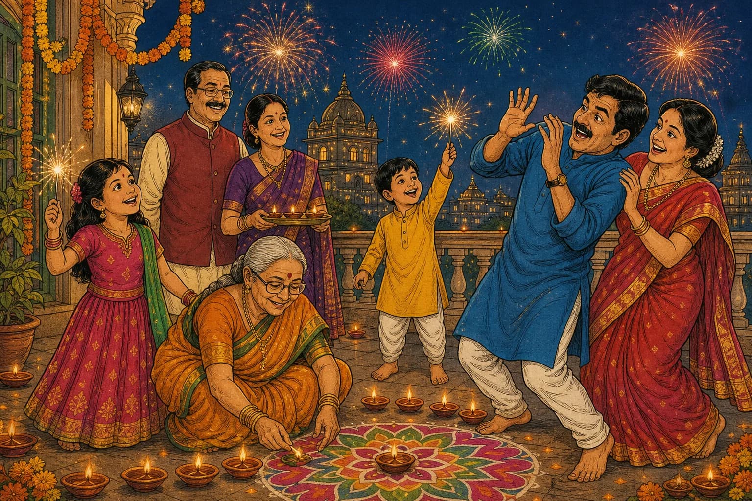 A joint family on a decorated balcony on Diwali night: a grandmother lighting a row of clay diyas, two kids waving sparklers, a father pretending to be scared of a phuljhadi, a rangoli on the floor and fireworks bursting in the sky