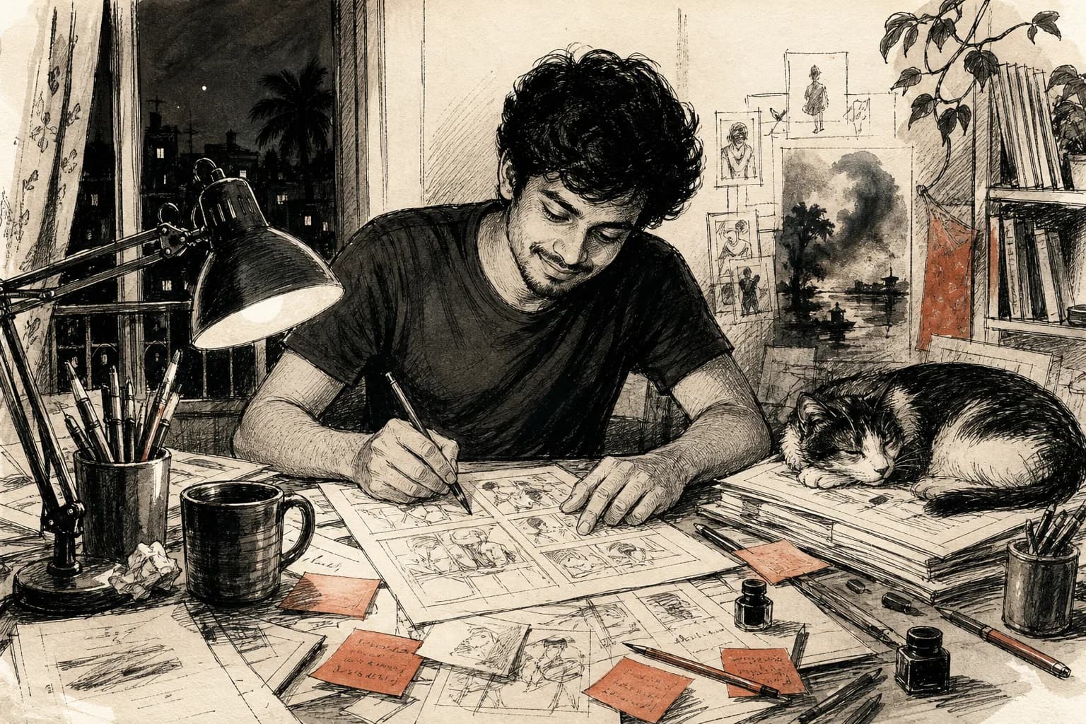 A young man at a cluttered desk late at night, happily sketching rough comic page thumbnails on paper, sticky notes and pencils everywhere, a desk lamp glowing, his cat asleep on a pile of drafts