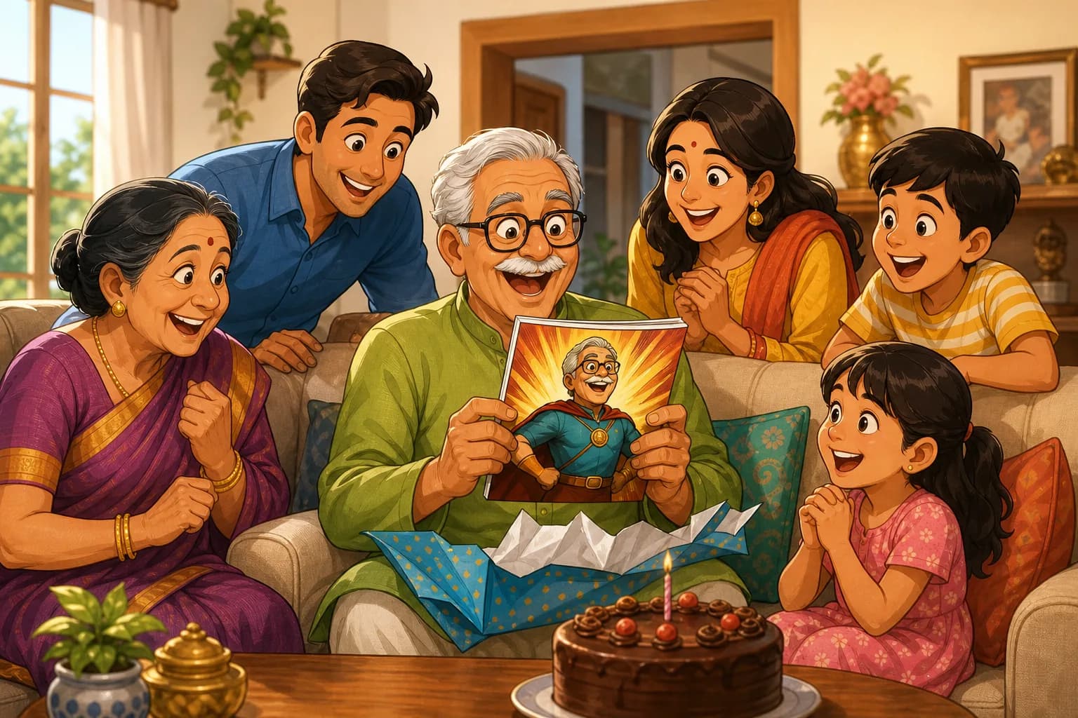 A delighted grandfather on a sofa unwrapping a gift and discovering a comic book with himself as the hero on the cover, his family gathered around grinning at his reaction, a birthday cake on the table