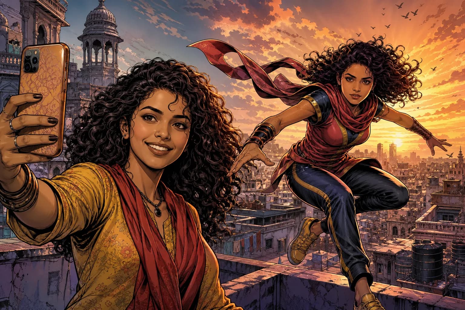 Split composition: on the left a smiling young woman with curly hair and a nose ring holding up her phone; on the right the very same woman drawn as a confident comic book heroine leaping across city rooftops at sunset, unmistakably the same face and hair