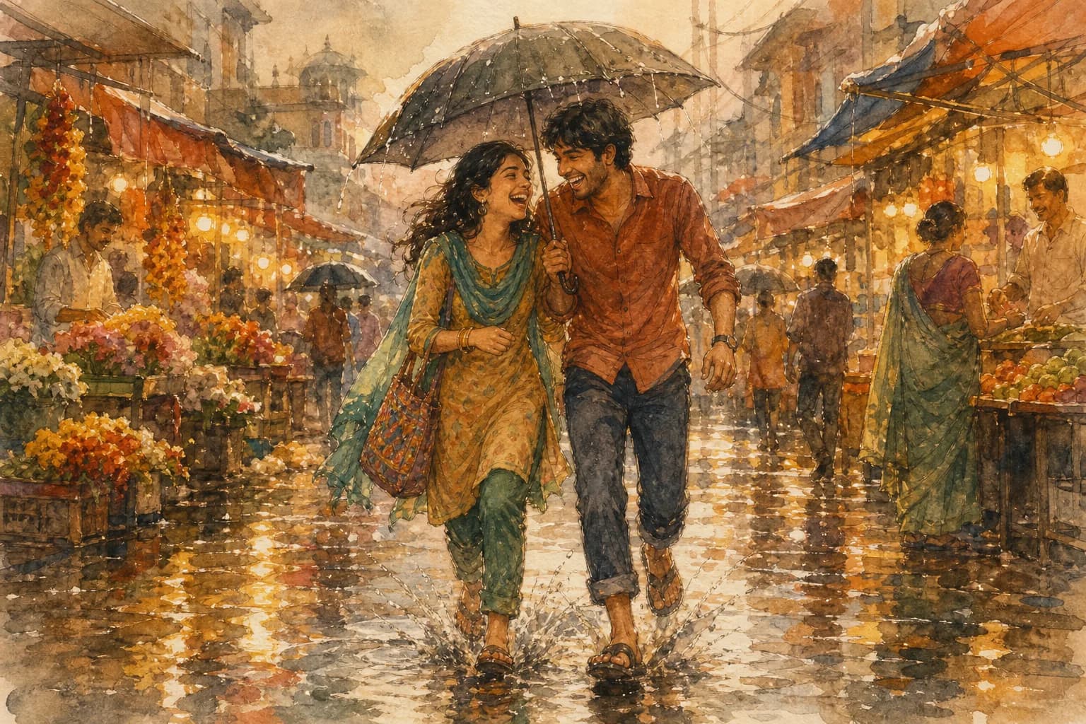 A young couple sharing one umbrella and laughing as they splash through a monsoon-soaked street market in the evening, warm shop lights reflected in the puddles